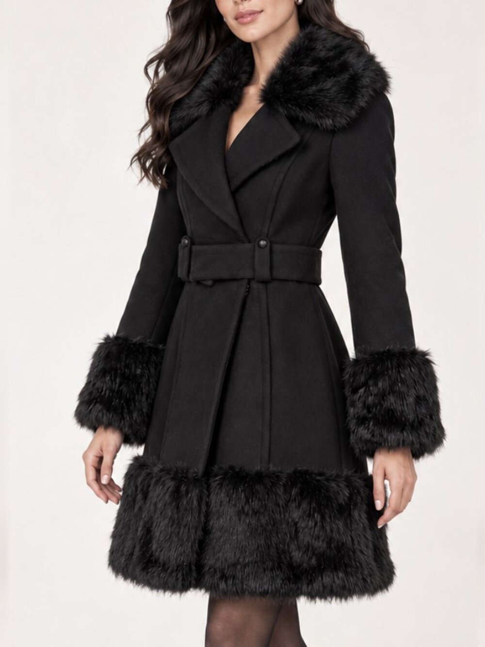 Bebe Black Wool Faux Fur Trim Belted Peacoat Size XS